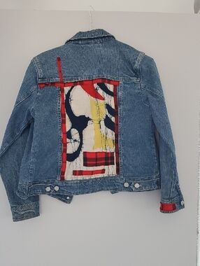 Women’s One Of A Kind Blue Denim Jean Jacket with Red Plaid Accents
